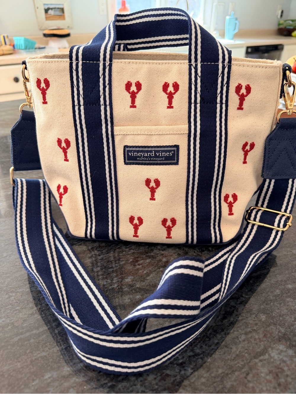 Vineyard Vines Navy & Cream Lobster Canvas Crossbody Tote